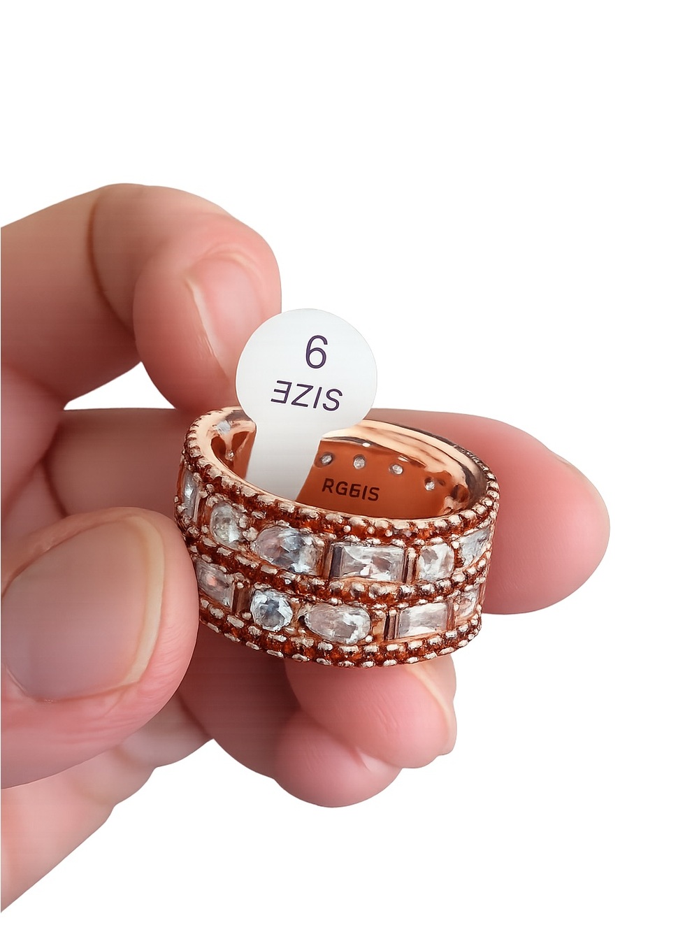 Rose Gold Crystal Triple-Row Wide Band Ring - Size 6